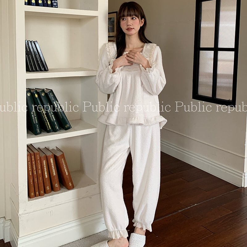 可爱系荔枝绒韩国Public republic 睡衣女甜美软糯小方领家居套装