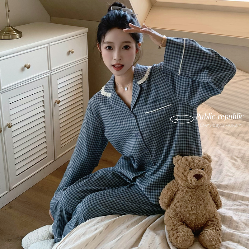 韩国Public republic 睡衣女复古格子简约磨毛棉柔软舒适家居套装