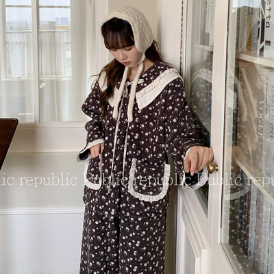 韩国Public republic 睡衣女「翻领可拆」甜美软糯雪粒绒家居套装