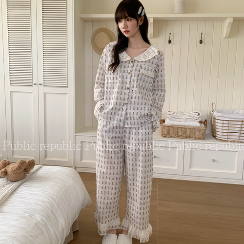 韩国Public republic 睡衣女甜美碎花小清新少女舒适开衫家居套装