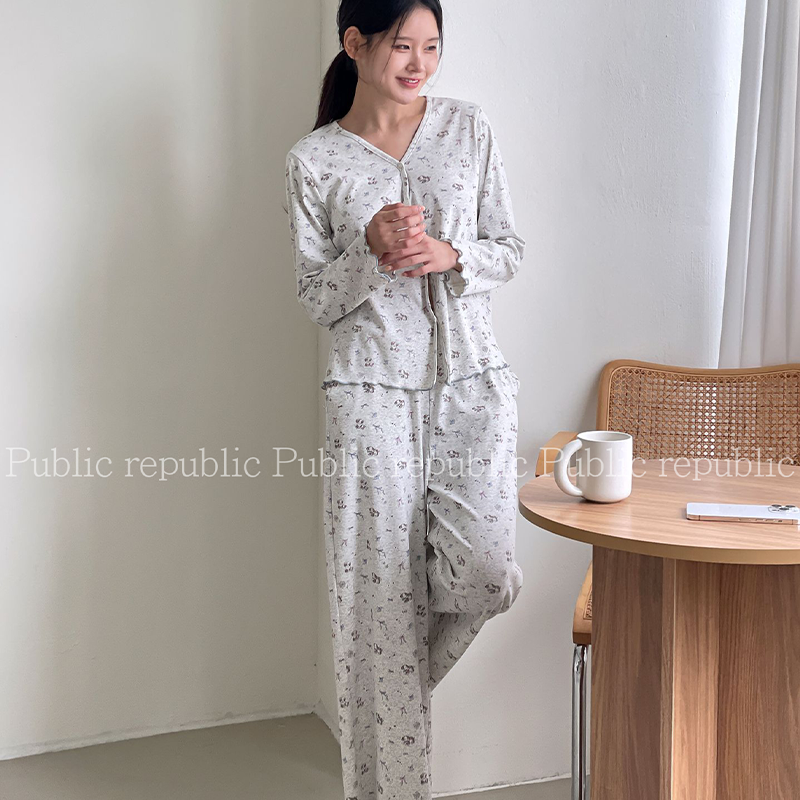 韩国Public republic 睡衣女甜美印花简约棉布超柔软舒适家居套装