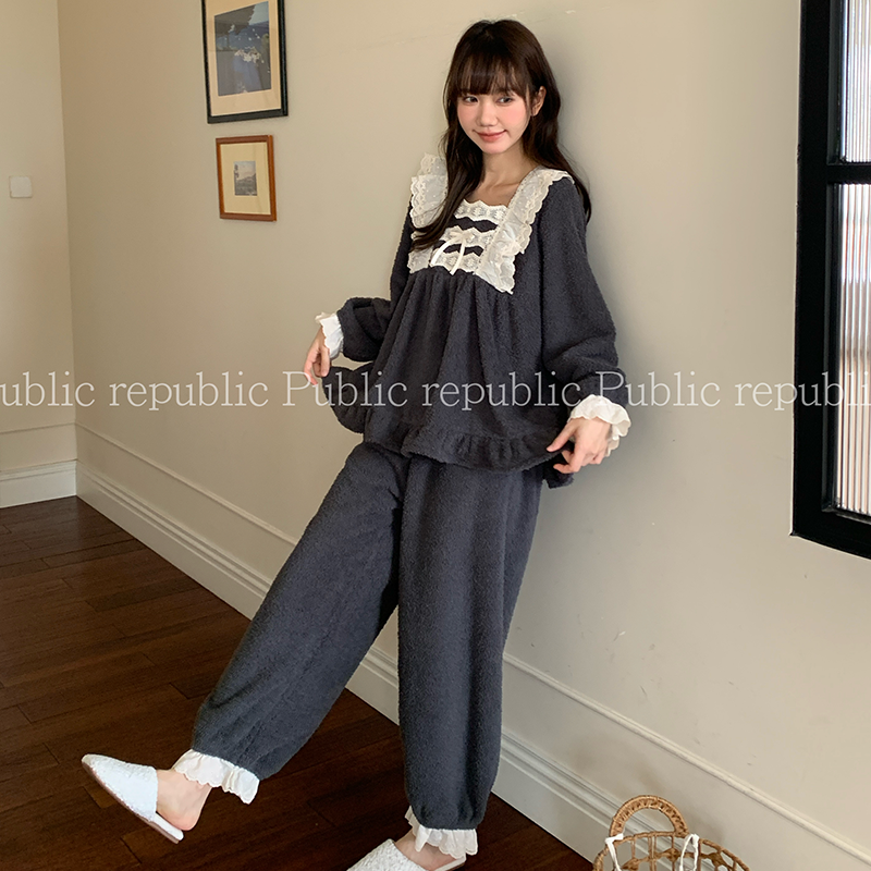 可爱系荔枝绒韩国Public republic 睡衣女甜美软糯小方领家居套装