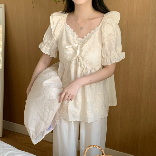 法式重工刺绣方领韩系少女公主风春夏新款睡衣女甜美带胸垫家居服