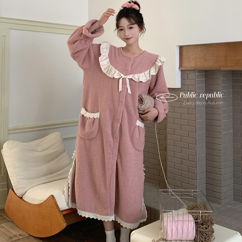 韩国Public republic 睡裙女甜美简约珊瑚绒带口袋中厚款家居睡裙