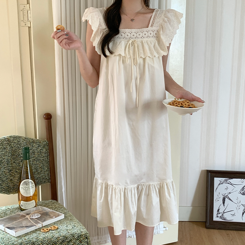 「森系漫语」First snow 夏季睡衣女甜美立体刺绣带内衬家居睡裙