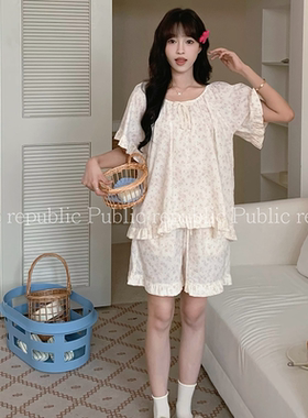 韩国Public republic 睡衣印花复古少女棉布甜美法式薄款家居套装