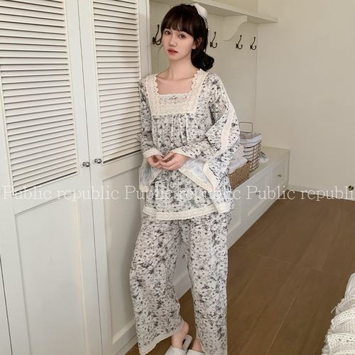 韩国Public republic 睡衣女甜美复古丹青水墨画舒适棉布家居套装