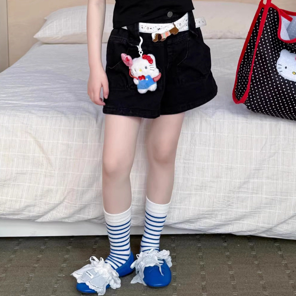 约夏童裤2026夏季新款女童黑色斜纹棉潮范短裤儿童中古风洋气裤子