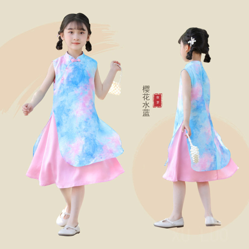儿童新款改良旗袍夏季女童中国风假两件连衣裙女孩无袖新中式汉服
