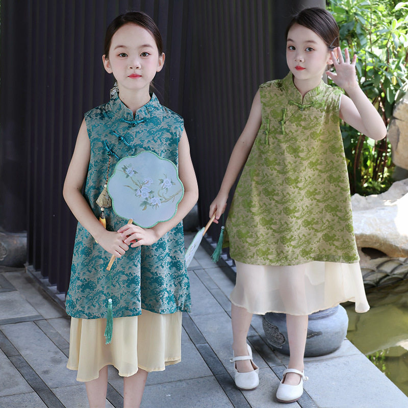 女童改良旗袍汉服夏款儿童裙子新中式盘扣旗袍裙中国风连衣裙唐装