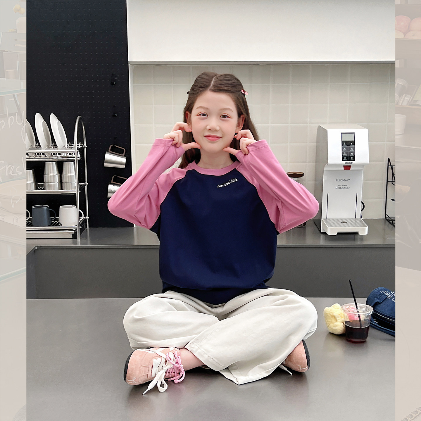 女童撞色插肩袖长袖T恤春秋