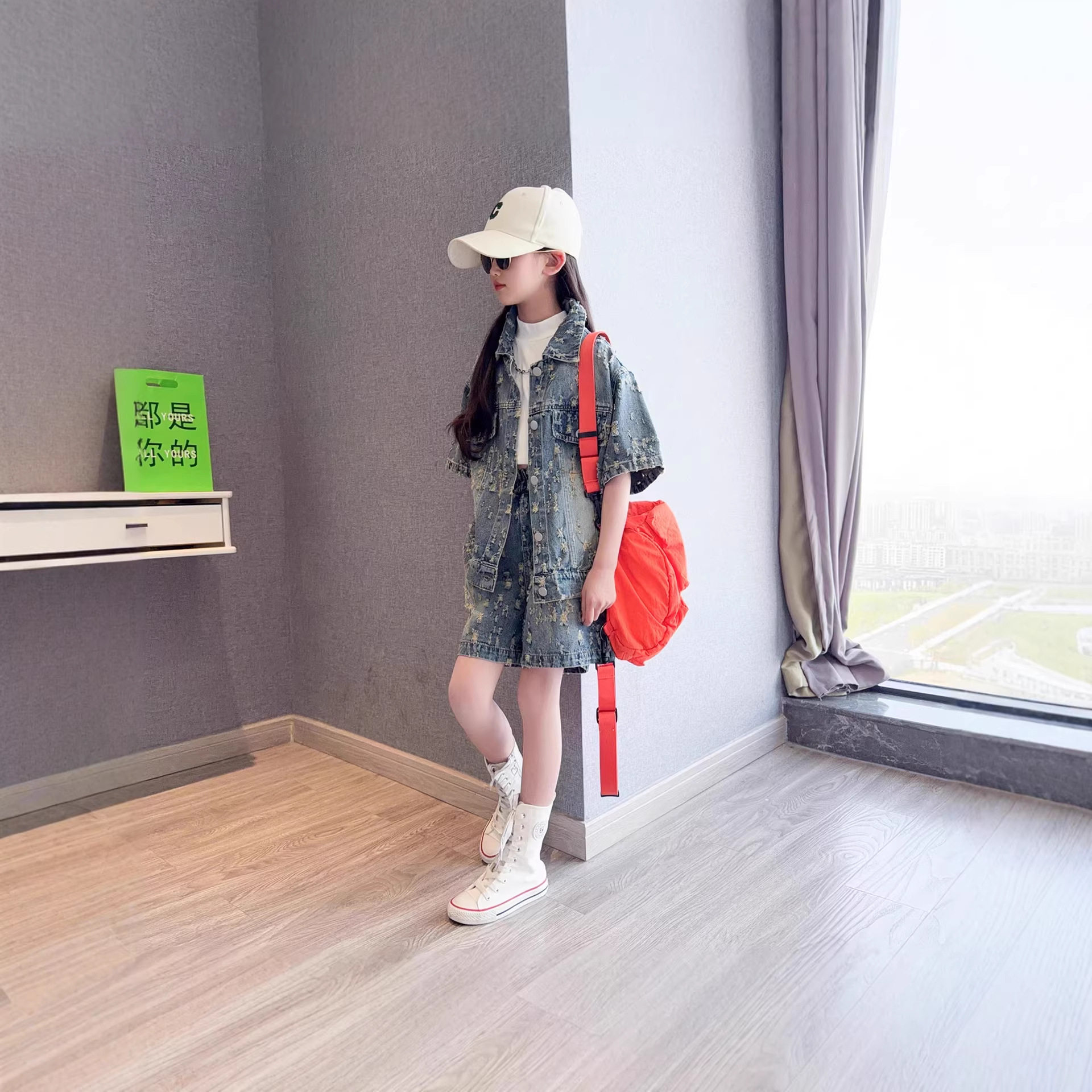 女童2026夏季新款复古提花牛仔套装儿童时髦衬衫短裤潮酷两件套