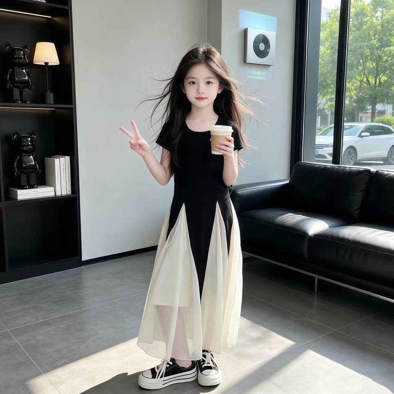 女童连衣裙夏季2026新款儿童网纱拼接裙子女孩韩版中长款公主裙