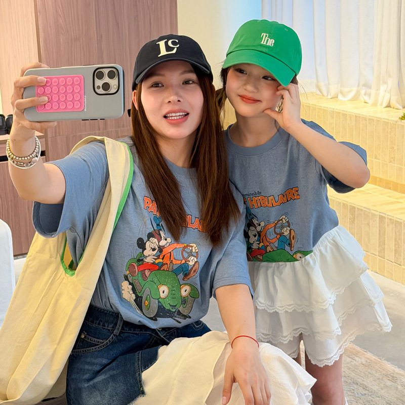 花与寻女童T恤2026夏季新款卡通印花亲子短袖韩系休闲百搭上衣潮