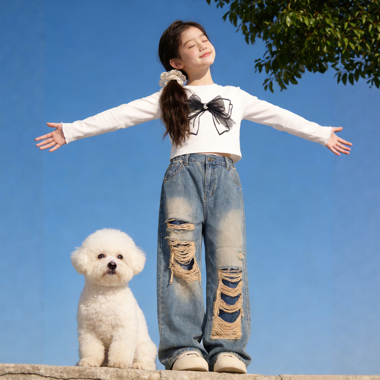 女童长袖T恤2026新款白色小学生女孩春装上衣百搭儿童春秋款衣服