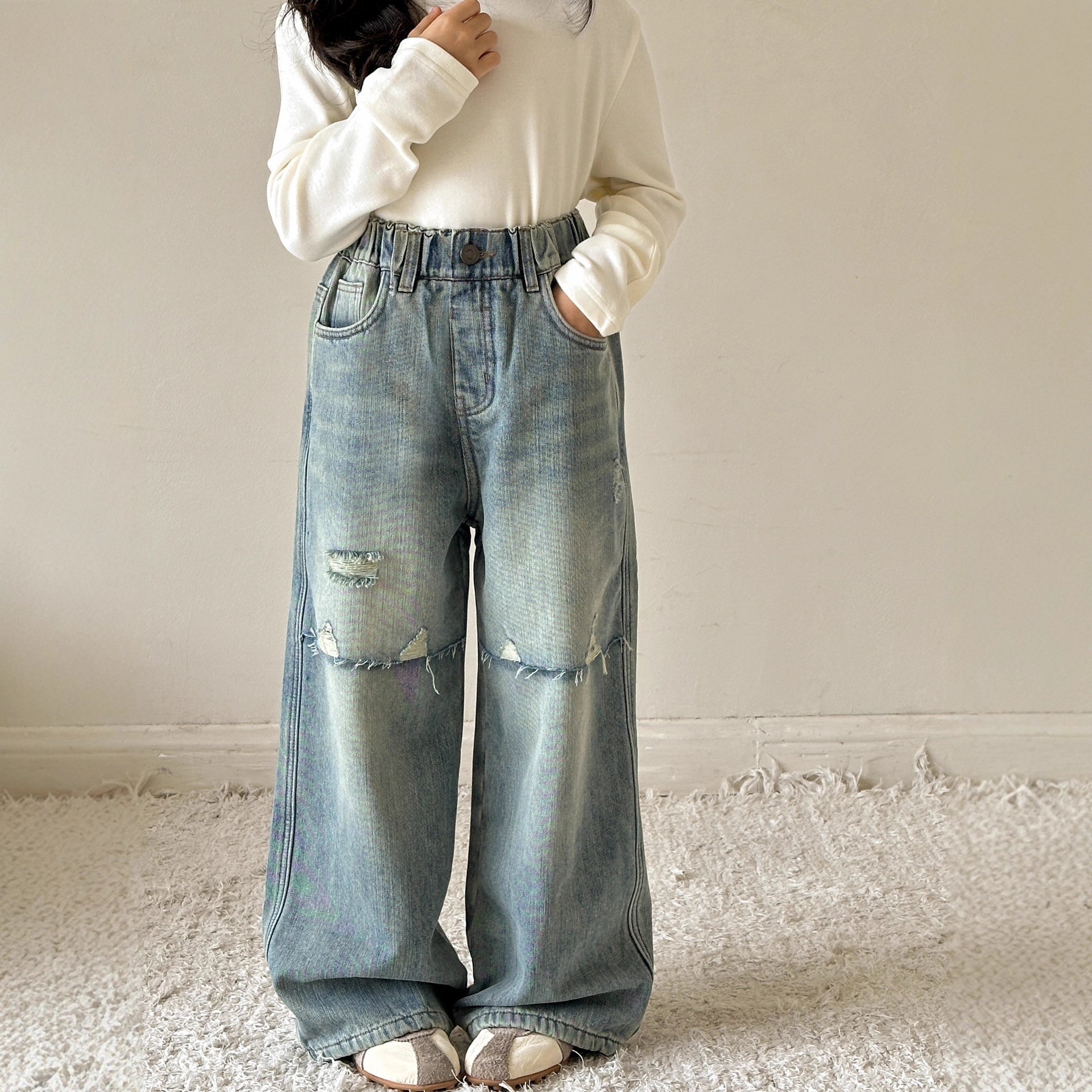 小红鱼女童加绒牛仔裤2025新款秋冬款亲子一体绒直筒裤儿童休闲裤