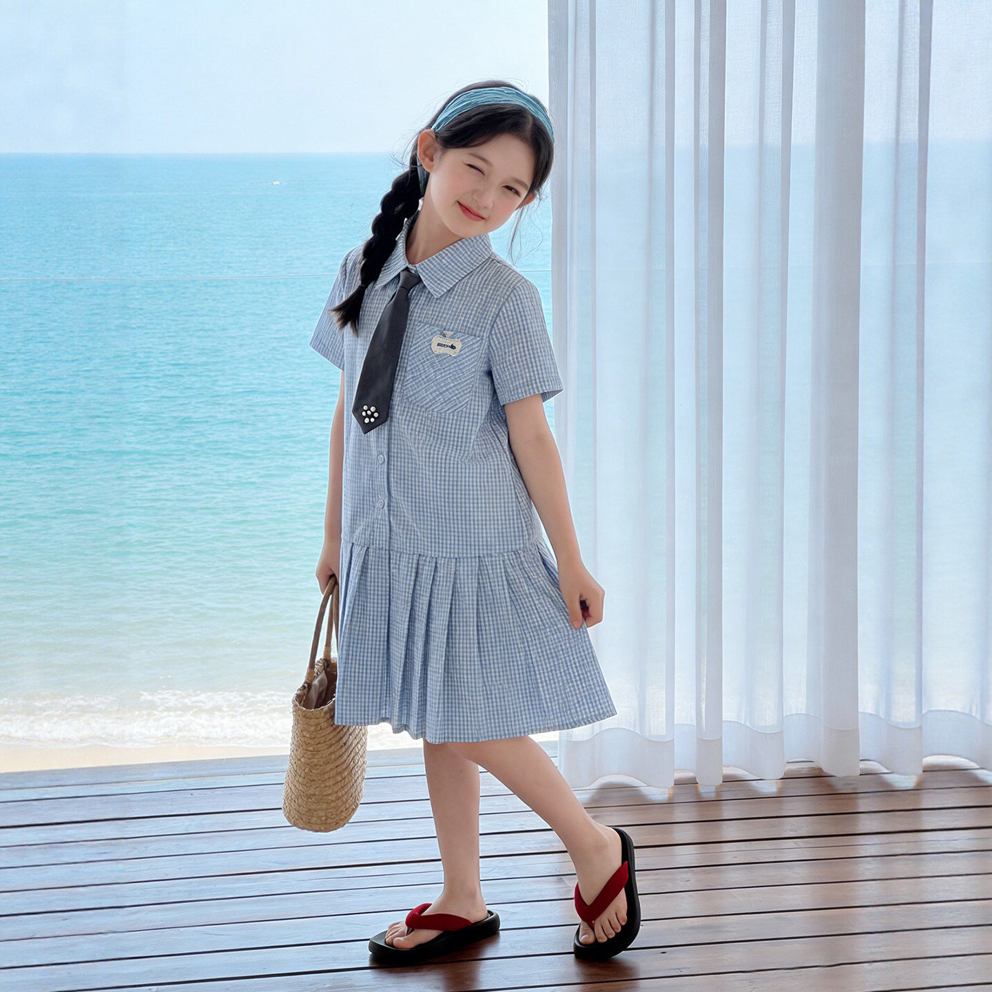 儿童学院风格子衬衫裙女童洋气短袖连衣裙小女孩夏装裙子2026新款