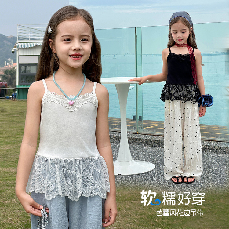 女大童洋气女童吊带2025夏季新款拼接蕾丝花边背心儿童亲肤内搭