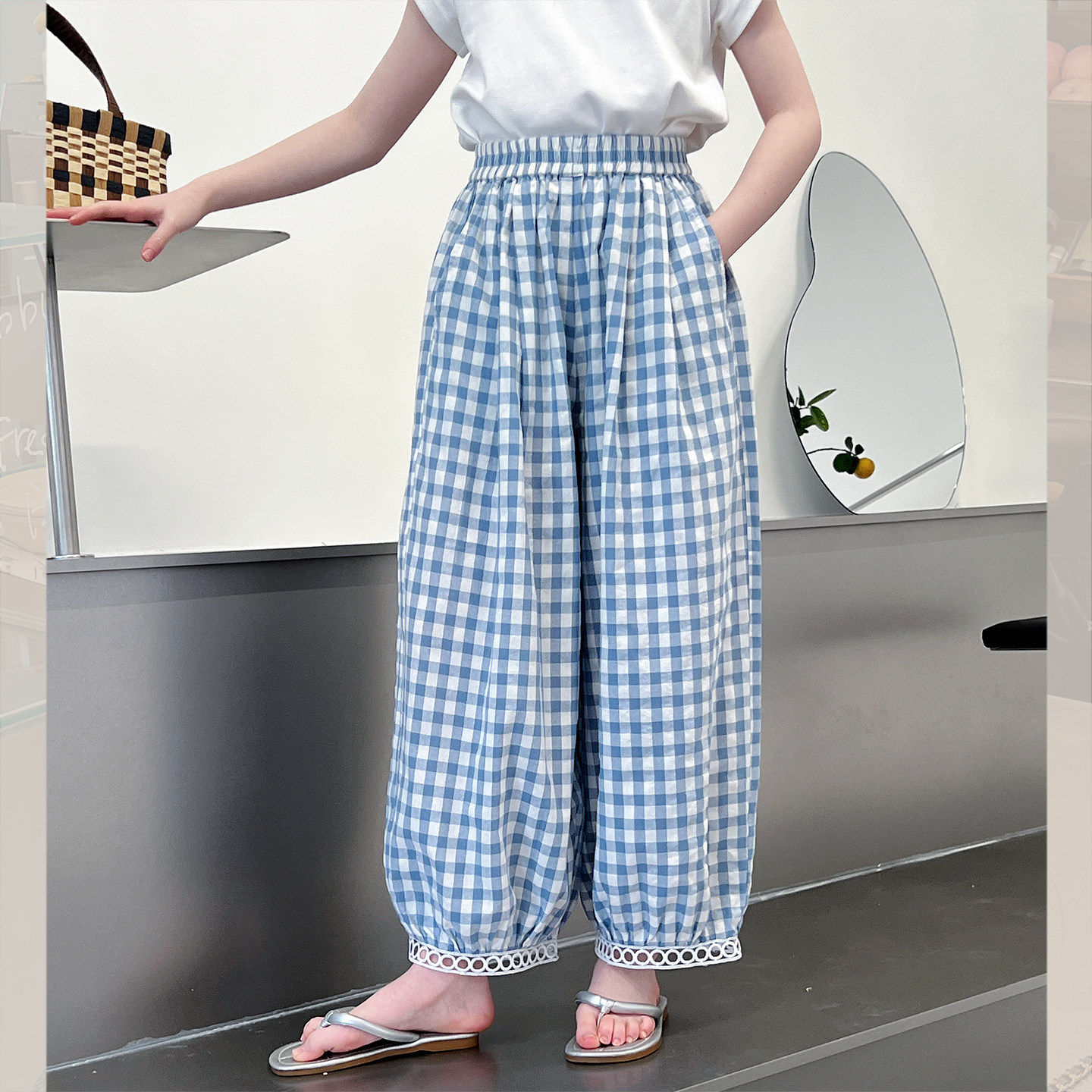 女童宽松防蚊格子裤儿童洋气休闲九分裤大童阔腿长裤2026夏装新款