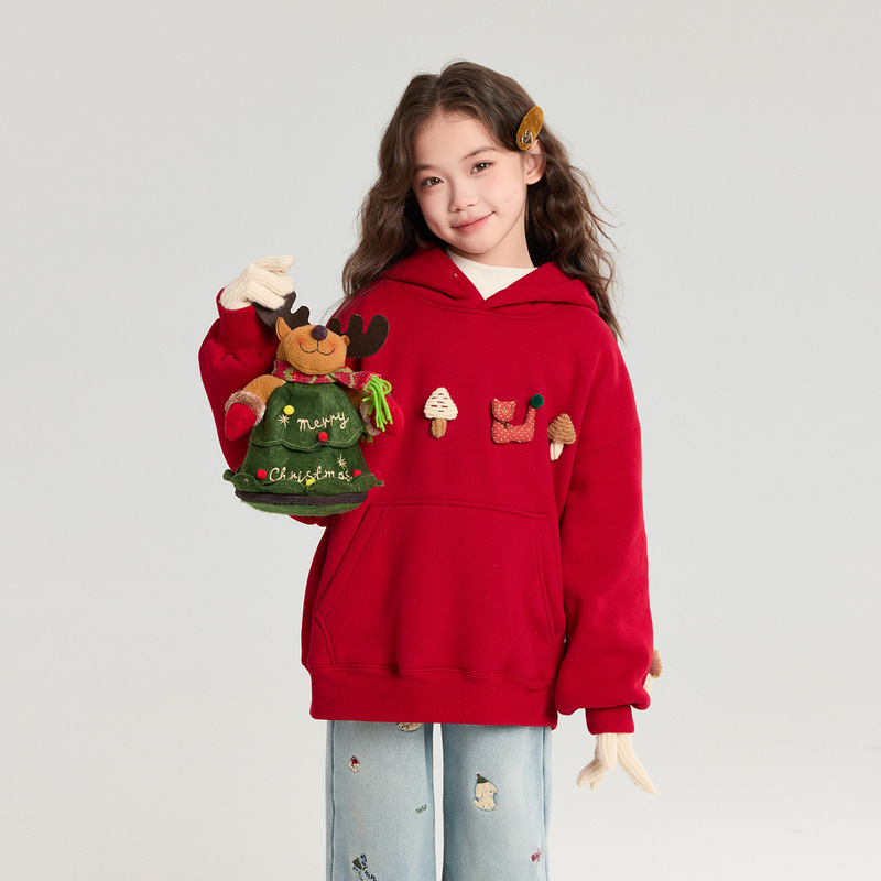 女童卫衣一体绒红色连帽加绒