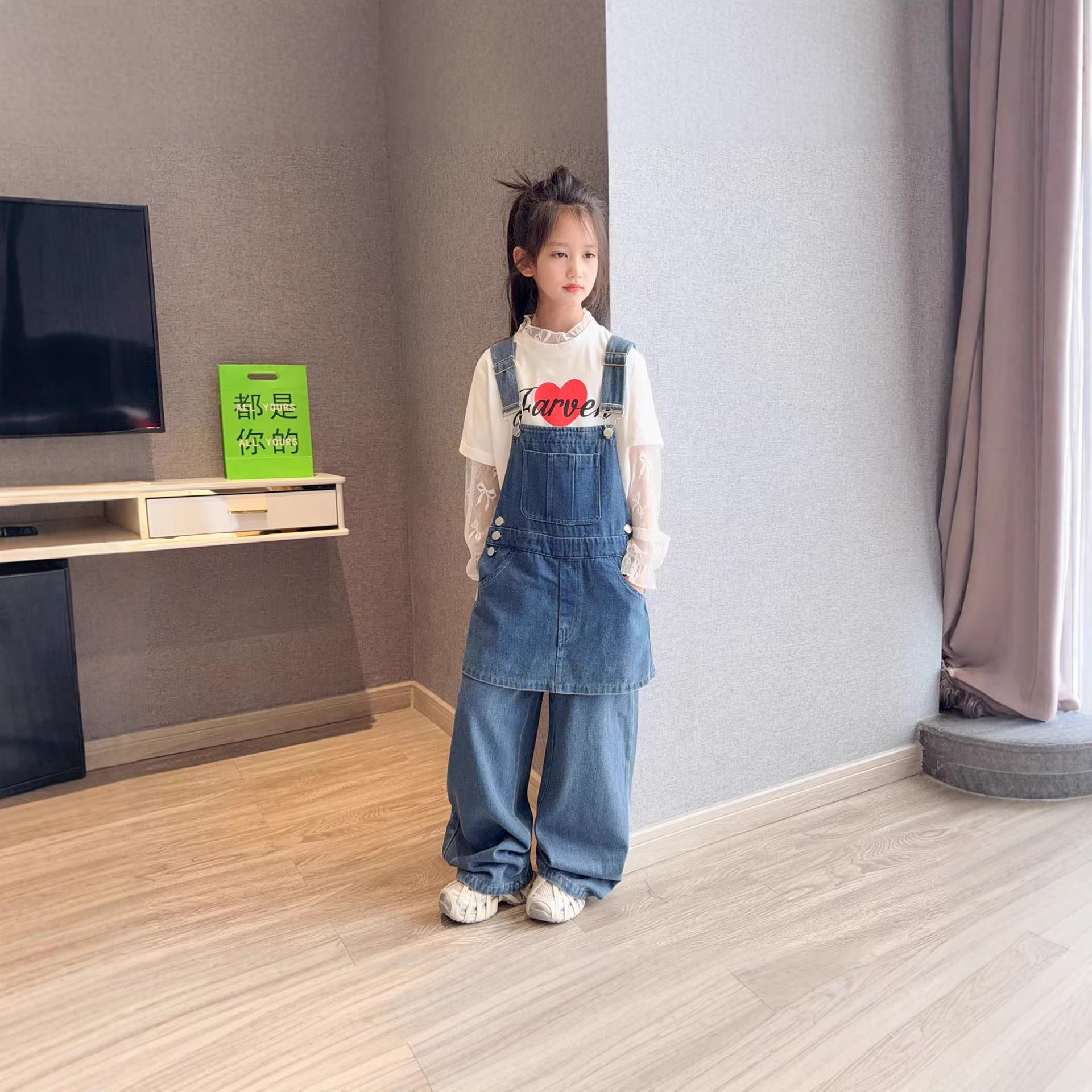 女童春装韩版复古牛仔背带裙裤套装2026洋气女孩长袖T恤一整套穿