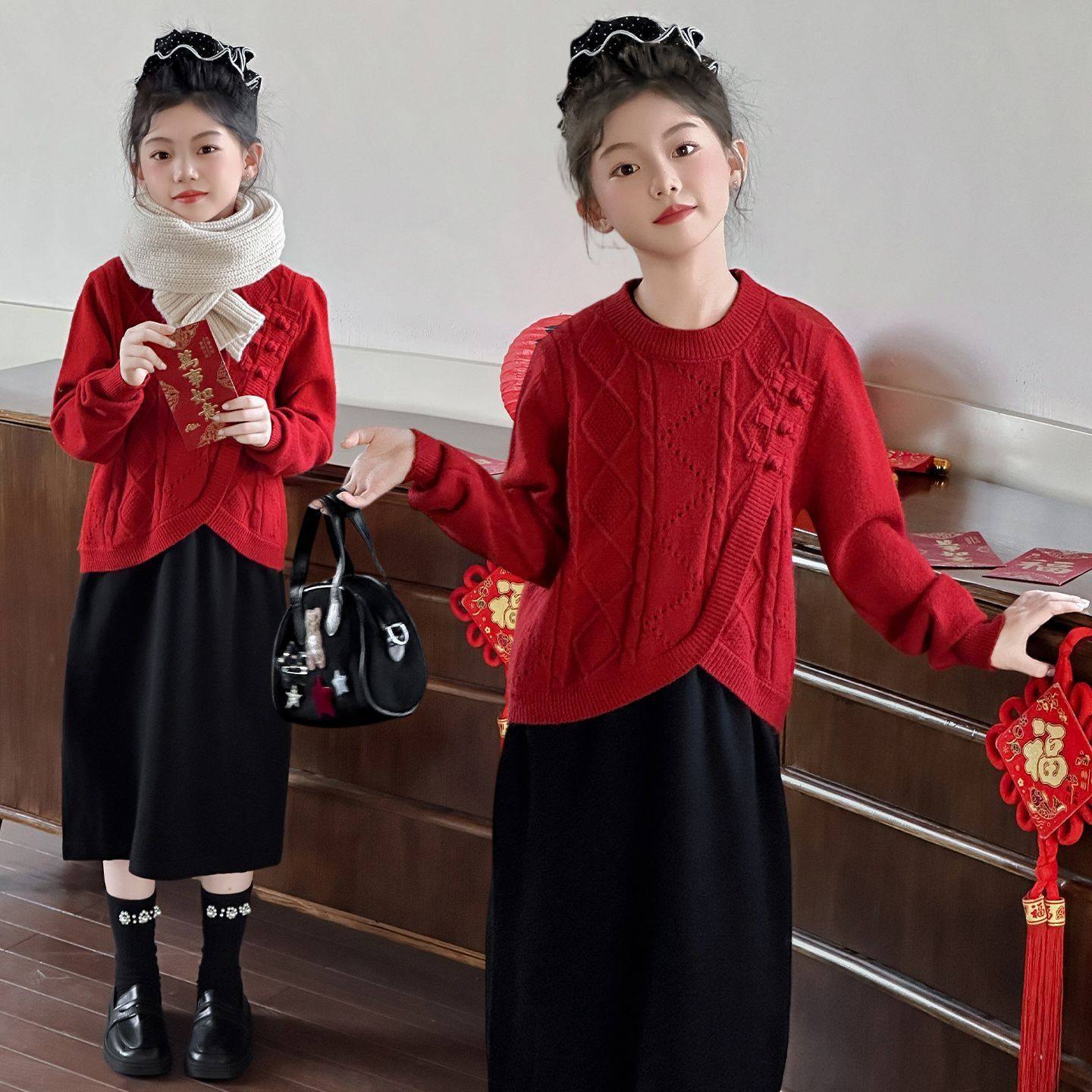 女童拜年服针织连衣裙套装中大童撞色毛衣过年衣服背心裙子两件套