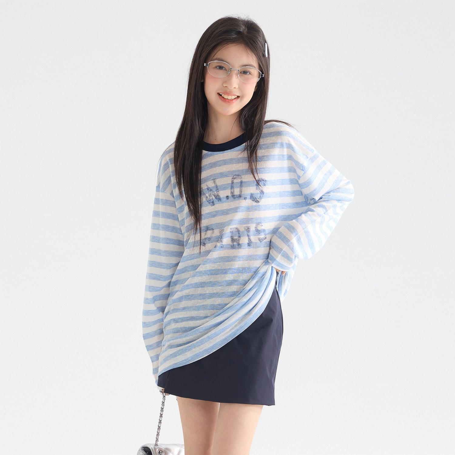 女童撞色条纹空调衫2026夏装新款儿童薄款印花t恤宽松防晒长袖潮