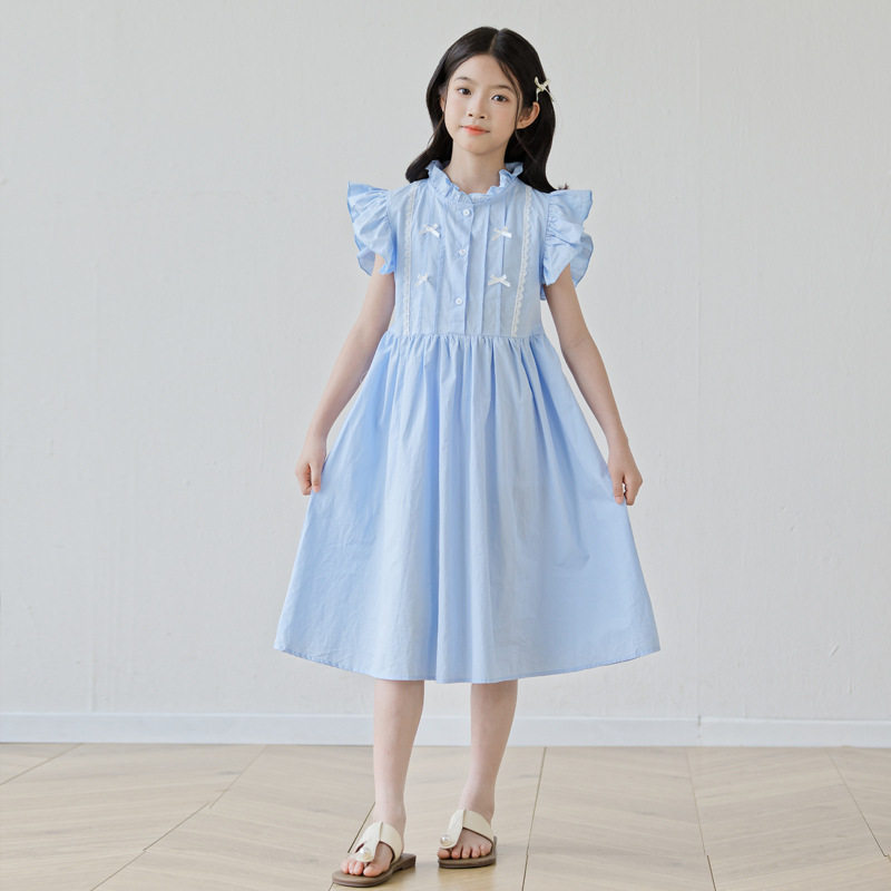 2026夏季新款女童连衣裙蝴蝶结公主裙洋气薄款中大童立领裙子韩版