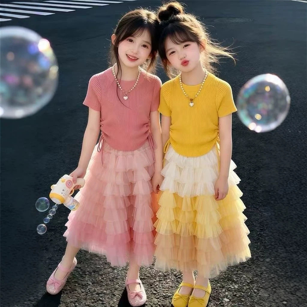 女童连衣裙夏季2026新款洋气儿童女孩针织短袖蛋糕裙夏装套装裙子