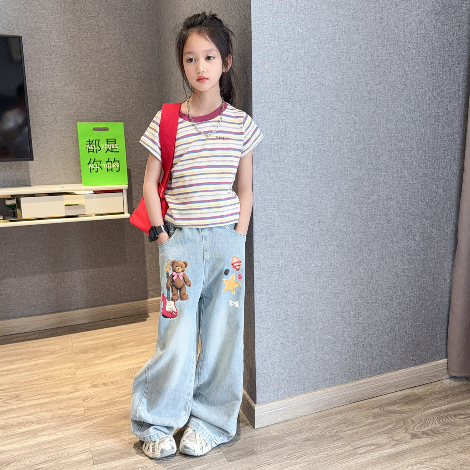 女童条纹短袖T恤夏装2026韩系穿搭衣服儿童宽松直筒牛仔裤两件套