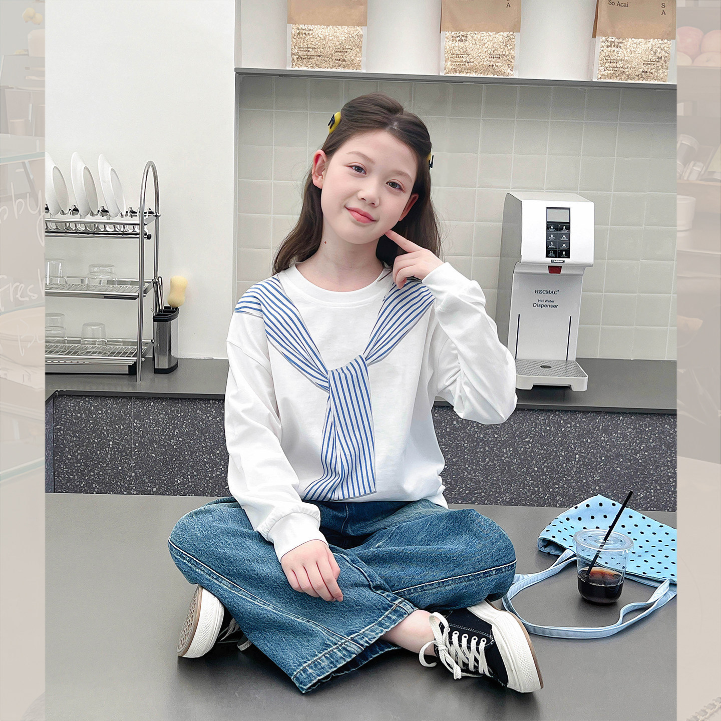 女童假两件白T长袖卫衣春秋款