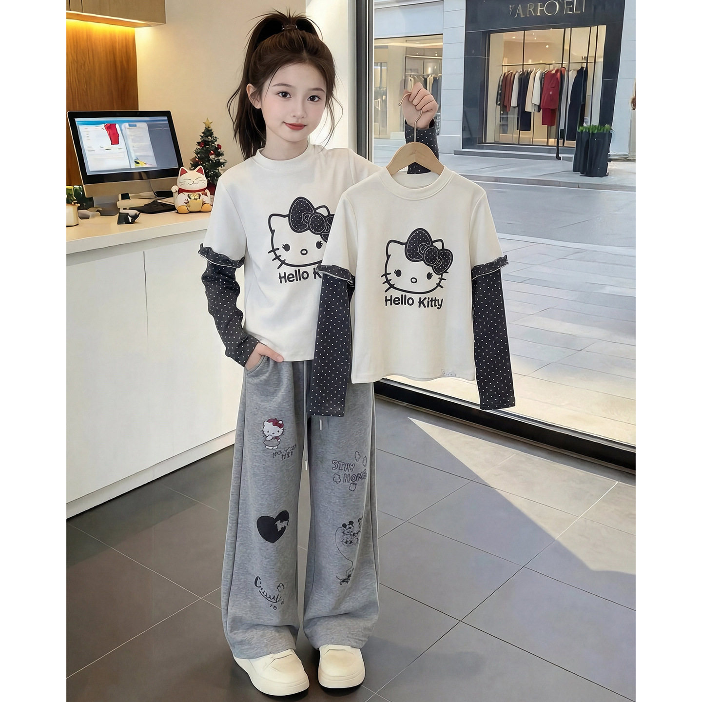 女童春秋洋气拼色假两件T恤