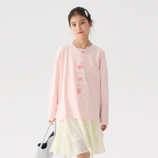 女童贝壳印花长袖t恤2026春装新款儿童韩版圆领宽松百搭纯棉上衣