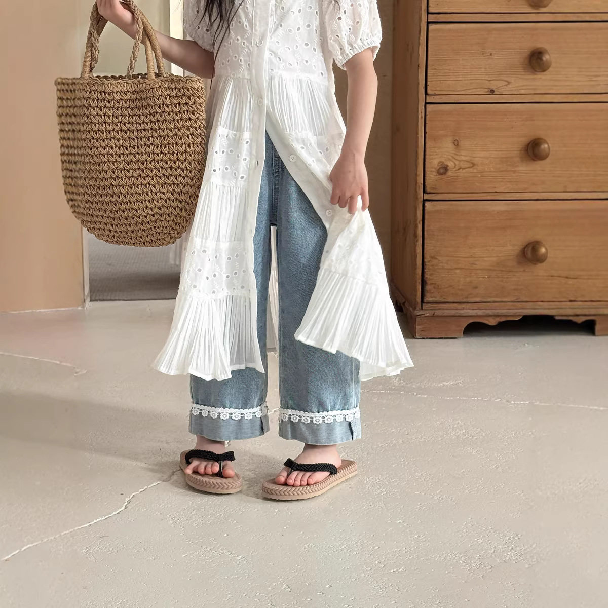 2026大童女童春夏新款蕾丝花边直筒裤 儿童森系甜美牛仔裤九分裤