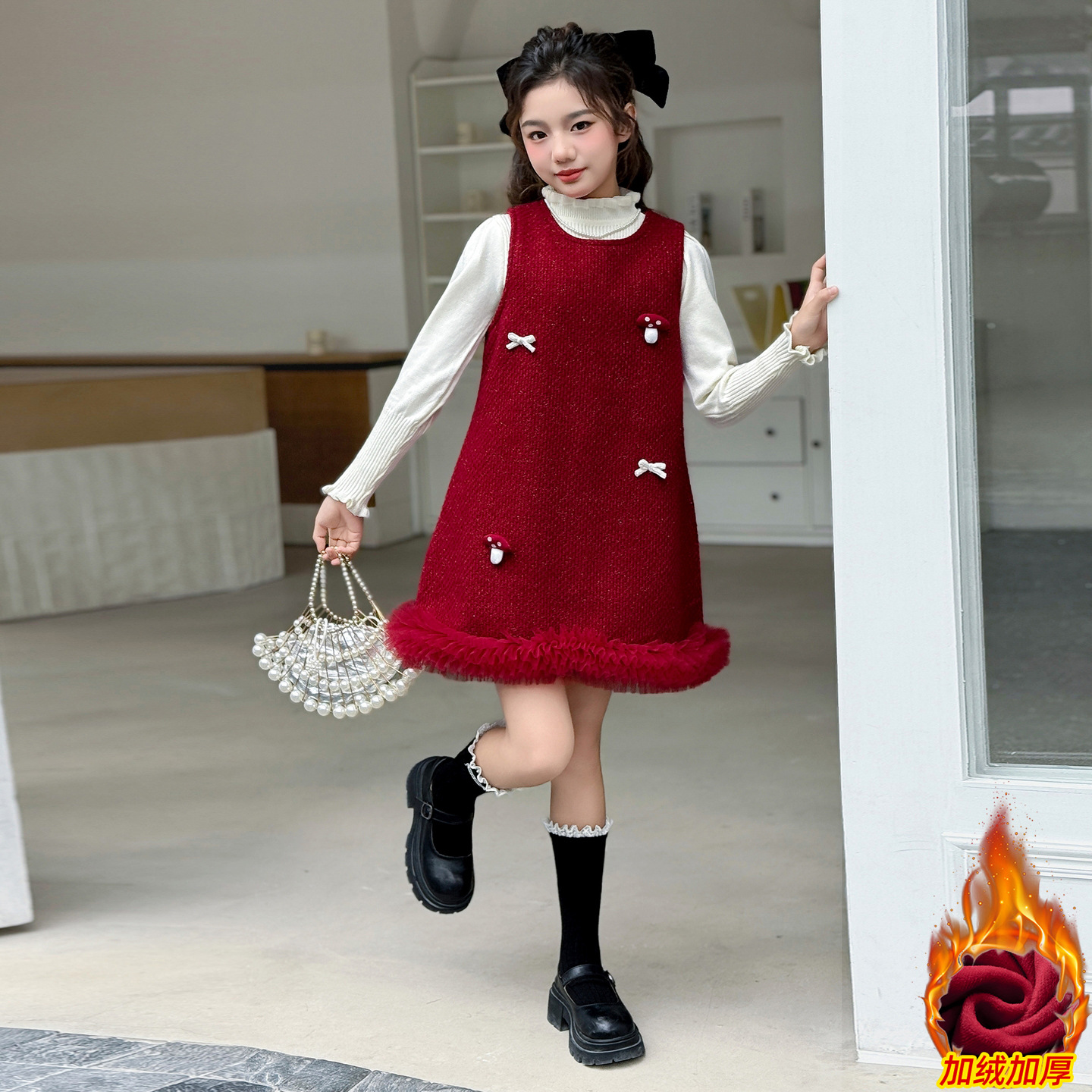 女童连衣裙秋冬款2025新款儿童洋气加绒背心裙女孩冬装拜年服裙子