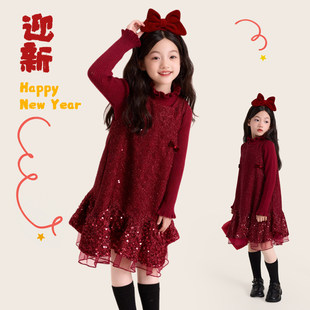 新年衣服女童巨好看冬装裙子女孩拜年服冬裙红色套装裙儿童连衣裙