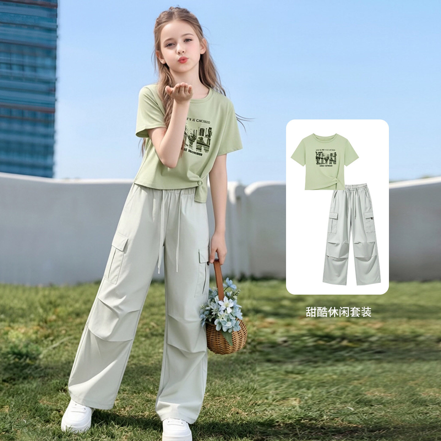 女童夏装套装2026新款儿童洋气短袖T恤夏季女孩休闲工装裤两件套