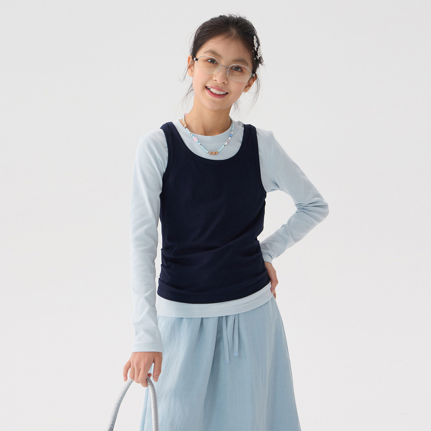 女童韩版叠穿套装2026春装新款儿童中大童无袖背心长袖t恤两件套