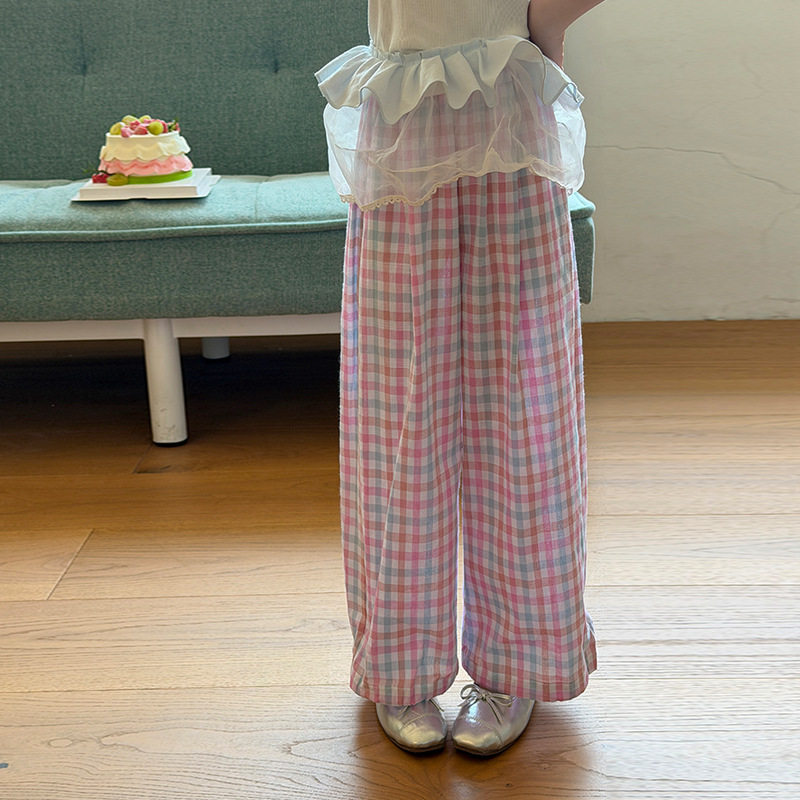 艾摩贝贝儿童韩系宽松格纹阔腿裤少女粉格子全棉舒适休闲直筒裤子