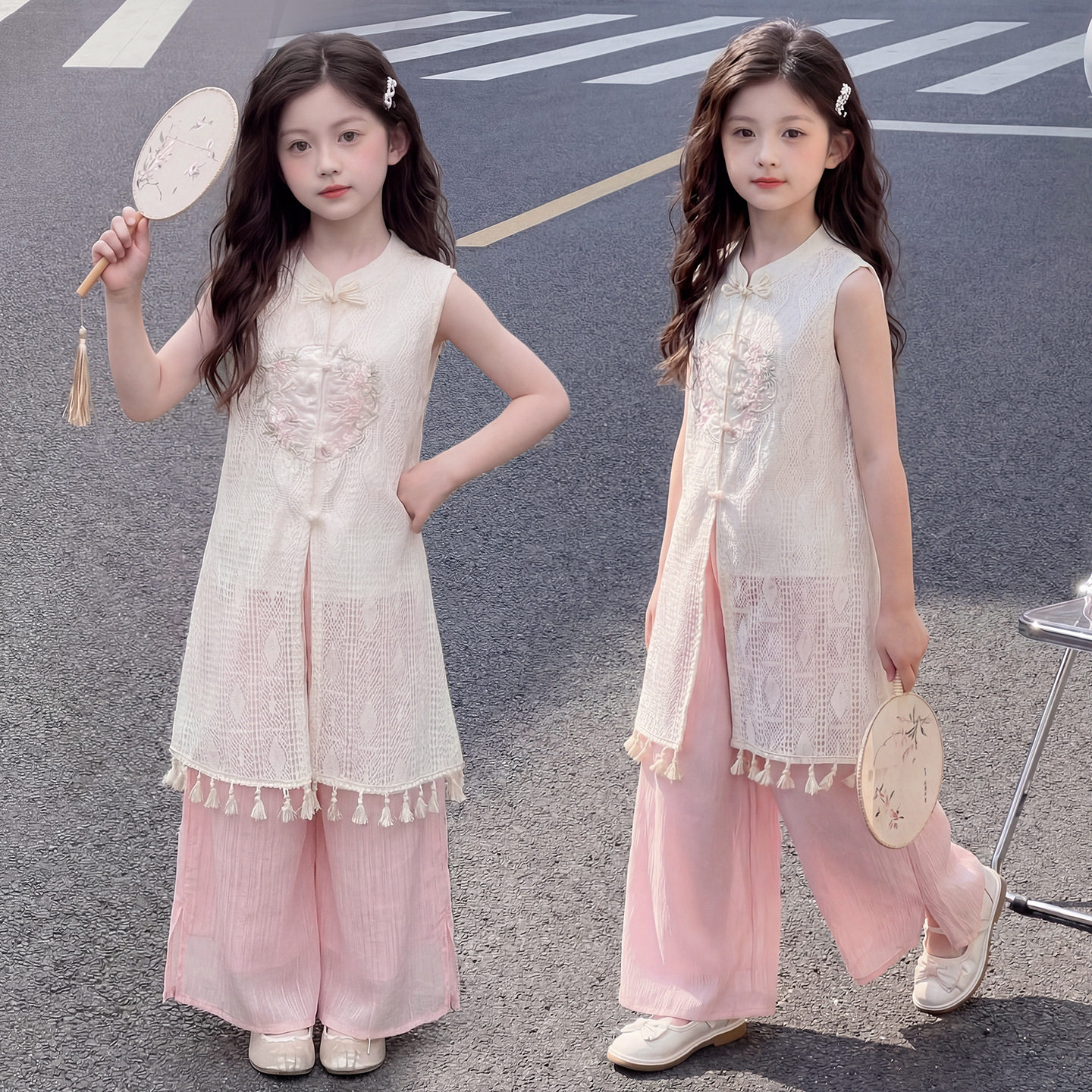 小女孩中国风时尚洋气唐装夏季新款绣花蕾丝套装六一表演服唐装