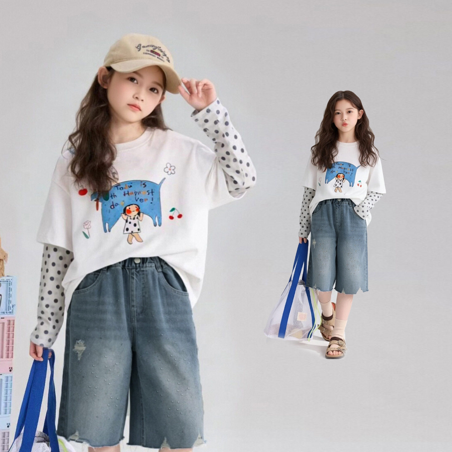 女童短袖t恤2026新款夏季儿童冰丝假两件长袖防晒衣服大童上衣夏