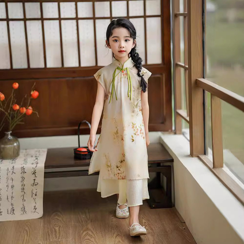 女童夏季旗袍连衣裙套装中国风儿童改良洋气唐装小女孩古筝演出服