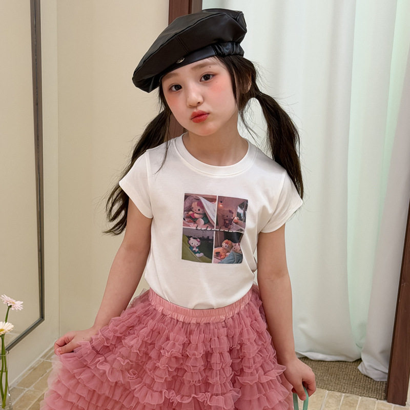 花与寻女童T恤2026年夏季新款圆领短款卡通印花短袖韩系休闲上衣