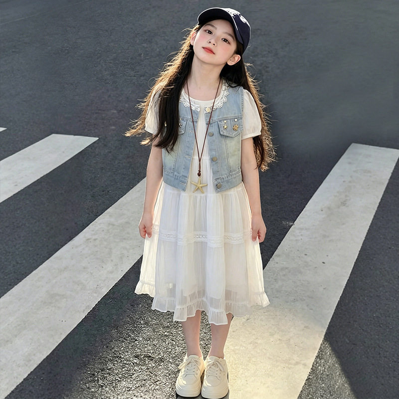 女童连衣裙夏季2026新款儿童洋气韩版牛仔马甲两件套女孩夏款裙子