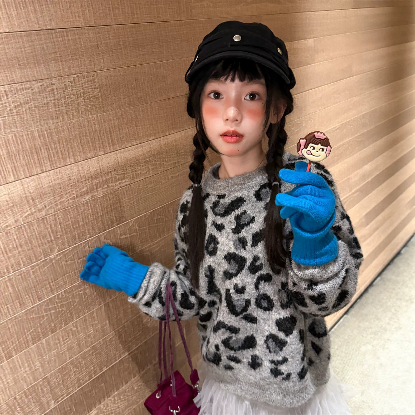 2026秋款女童豹纹宽松套头毛衣