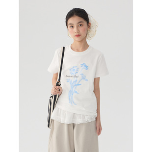 女童小雏菊印花短袖t恤2026春夏新款儿童设计感洋气休闲宽松上衣