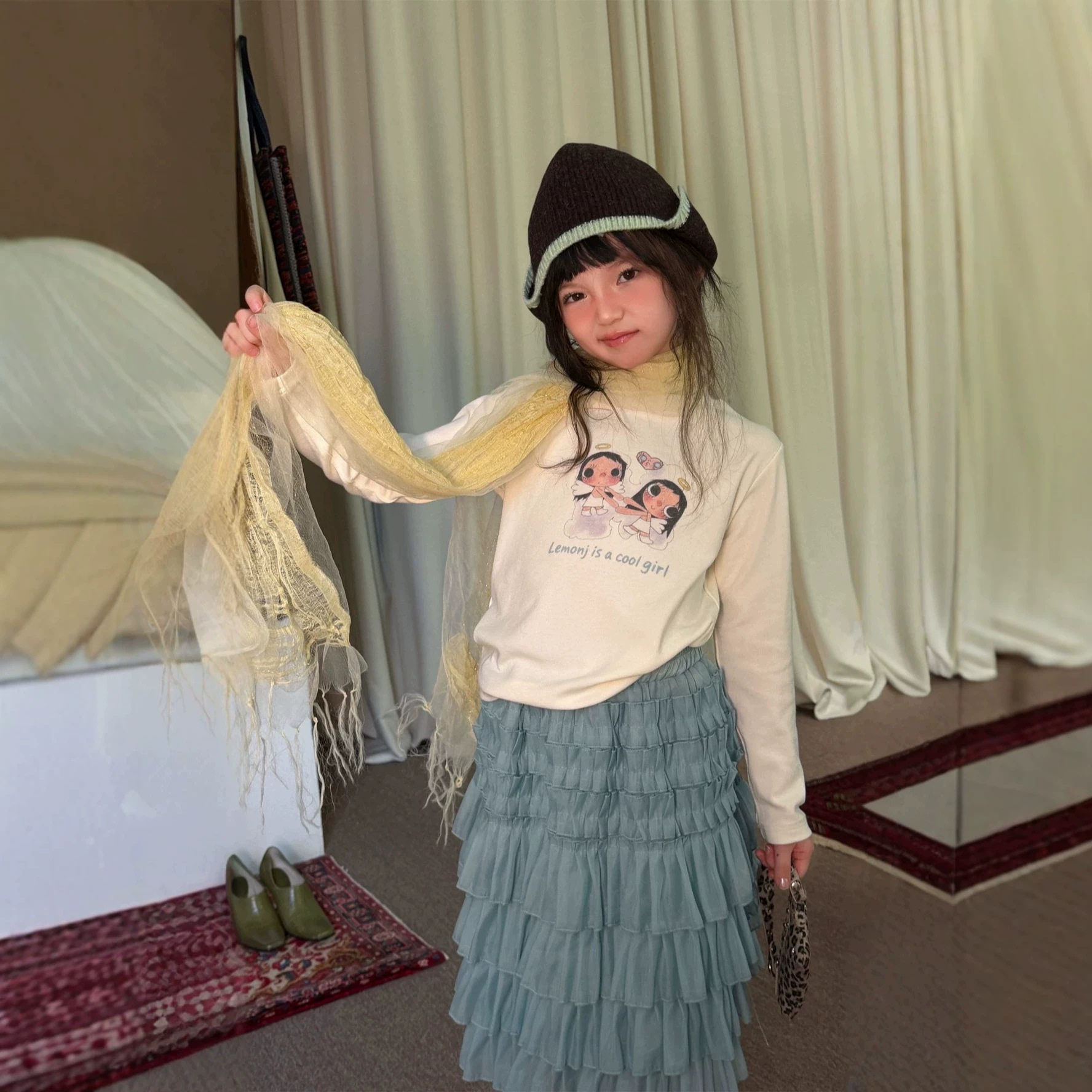 2026秋季新款韩版女童卡通小玉印花长袖T恤甜美打底衫+花边蛋糕裙