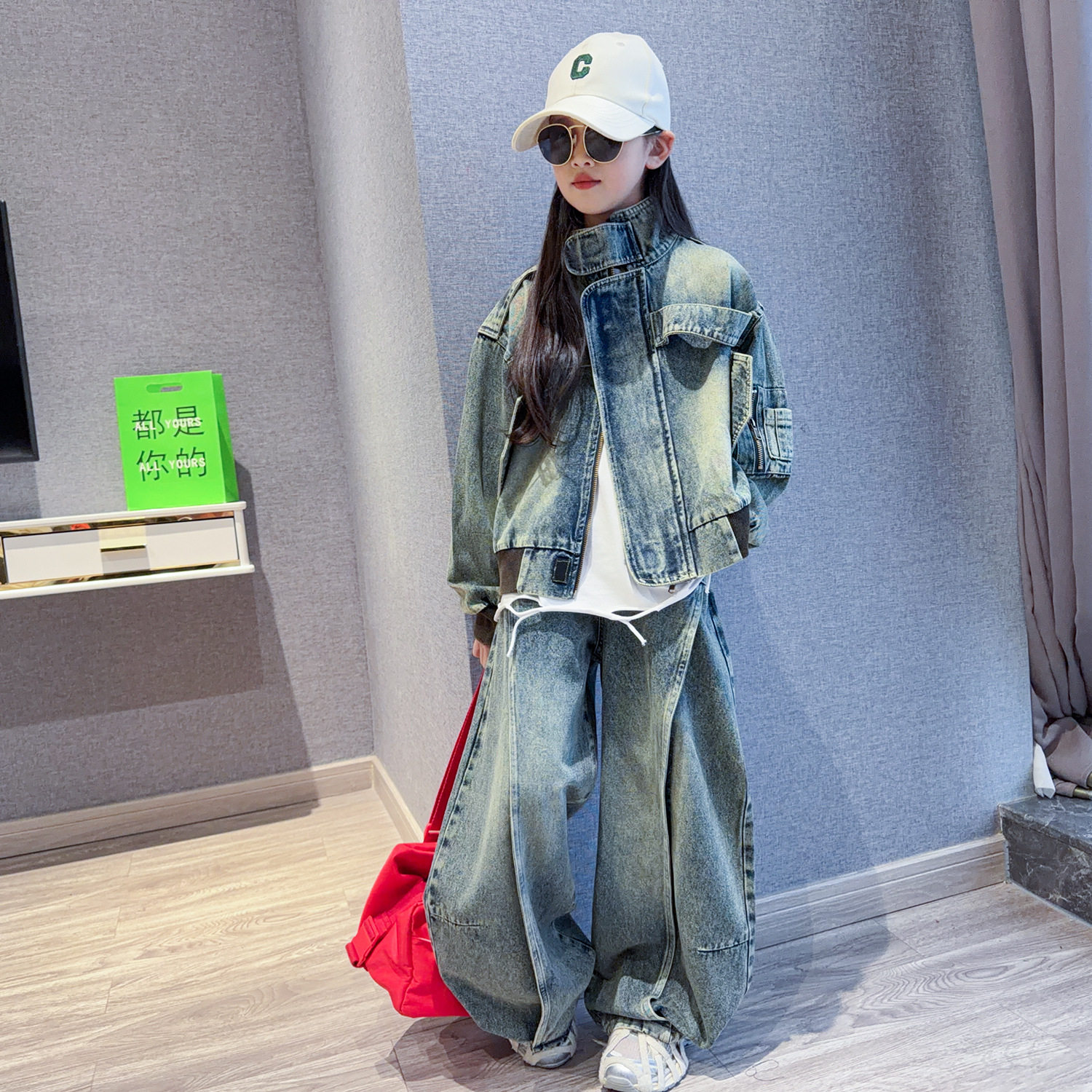 女童复古牛仔套装2026春装新款洋气女孩夹克外套阔腿裤潮酷两件套