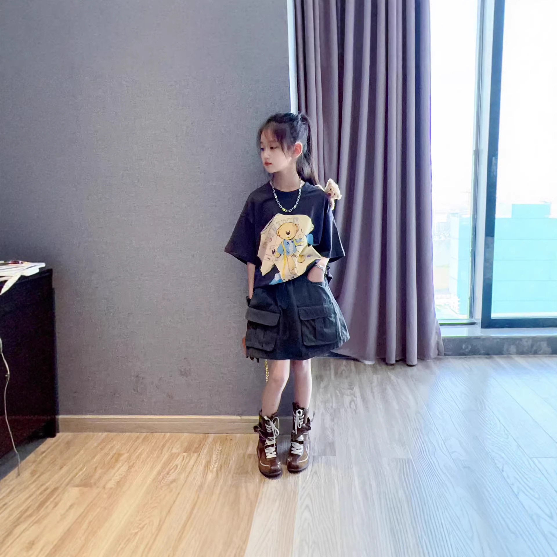 女童套装2026夏季新款儿童韩版短袖T恤洋气女孩工装短裙两件套夏