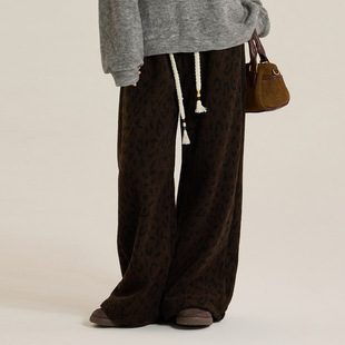 女童豹纹加绒休闲裤2025冬装新款儿童保暖洋气直筒裤宽松阔腿裤子